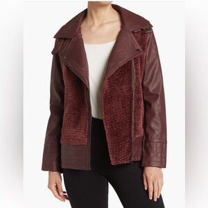 Coffee Shop Faux Leather & Faux Shearling Burgundy Moto Jacket XS